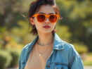 Person wearing orange sunglasses with a neutral everyday outfit
