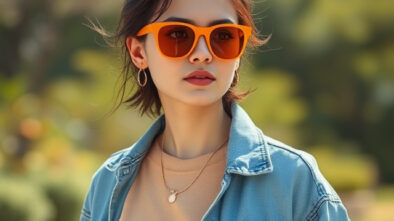 Person wearing orange sunglasses with a neutral everyday outfit