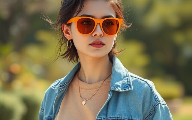 Person wearing orange sunglasses with a neutral everyday outfit